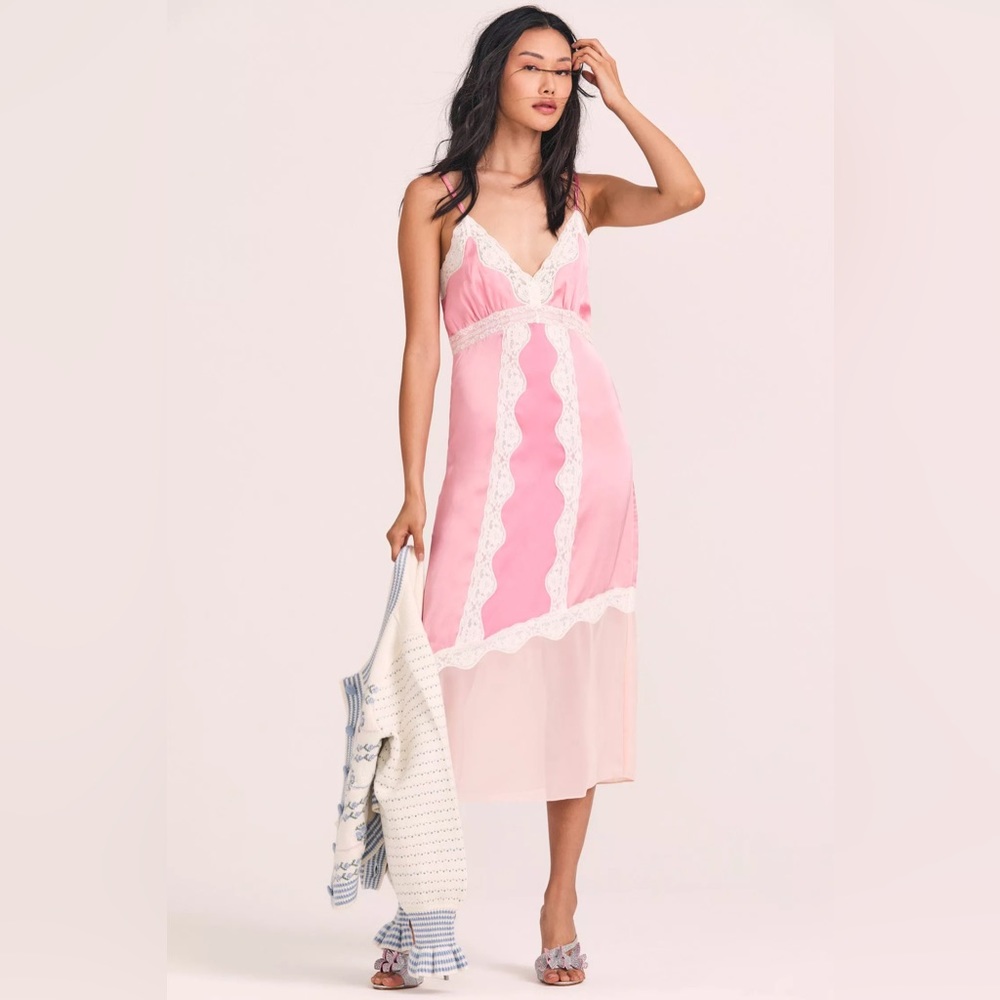 NWT LoveShackFancy Josette Midi dress in pastel pink colorblock - Picture 2 of 15